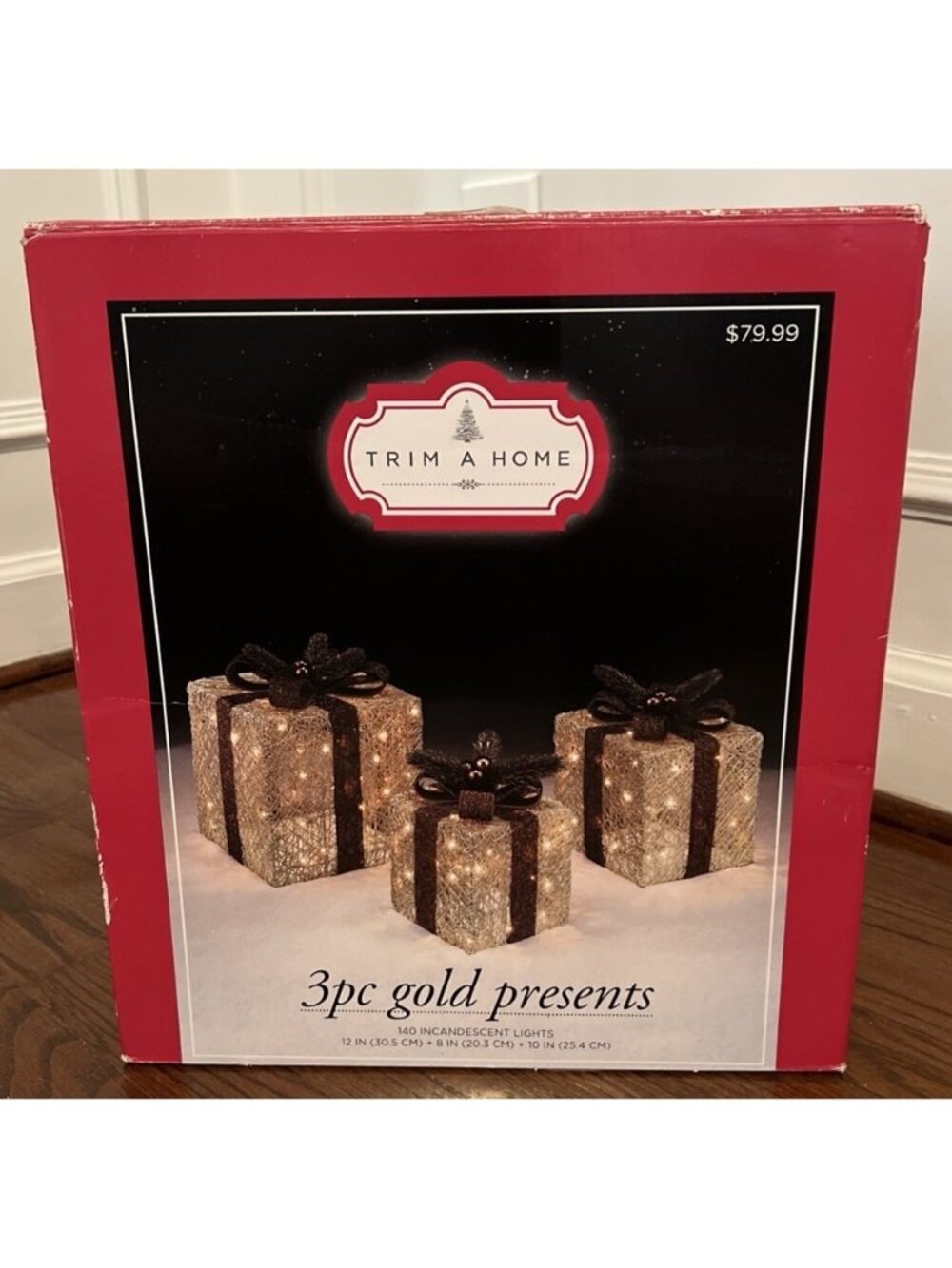 Trim A Home Set Of 3 Gold Presents Lighted Yard Decor 10"- 12” - 8” Clear Lights